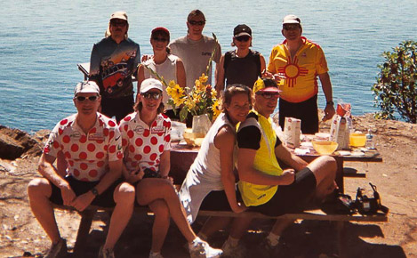 Guests on a bicycle tour of the San Juan Islands have a picnic on the west side of San Juan Island